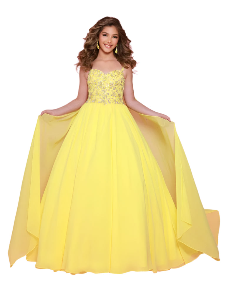 Experience the epitome of grace and sophistication with the Sugar Kayne C368 Chiffon Cape Girls Pageant Dress. Adorned with delicate crystal sequins and a stunning bodice, this ballgown is sure to make a lasting impression. The chiffon cape adds a touch of elegance and the perfect finishing touch. Perfect for teenagers looking for a show-stopping dress. Be simply stunning at your next pageant in this exquisite poly chiffon dress. Designed with beaded straps and a bodice that exudes winner-worthy elegance, i