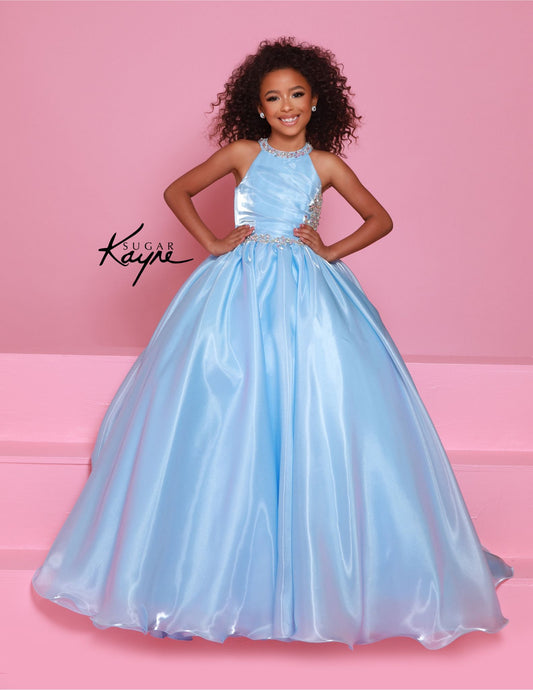 This stunning Sugar Kayne C379 pageant dress features a high neck and A-line design with shimmering beaded details. The elegant ballgown silhouette is perfect for any formal event, ensuring your little girl looks and feels like a princess. Make a statement with this beautiful and eye-catching dress. Step into the spotlight and embody the dazzling diva within! This mirror organza ballgown, with its elegant halter-style neckline, guarantees you’ll captivate the audience with both grace and style.&nbsp;

Sizes