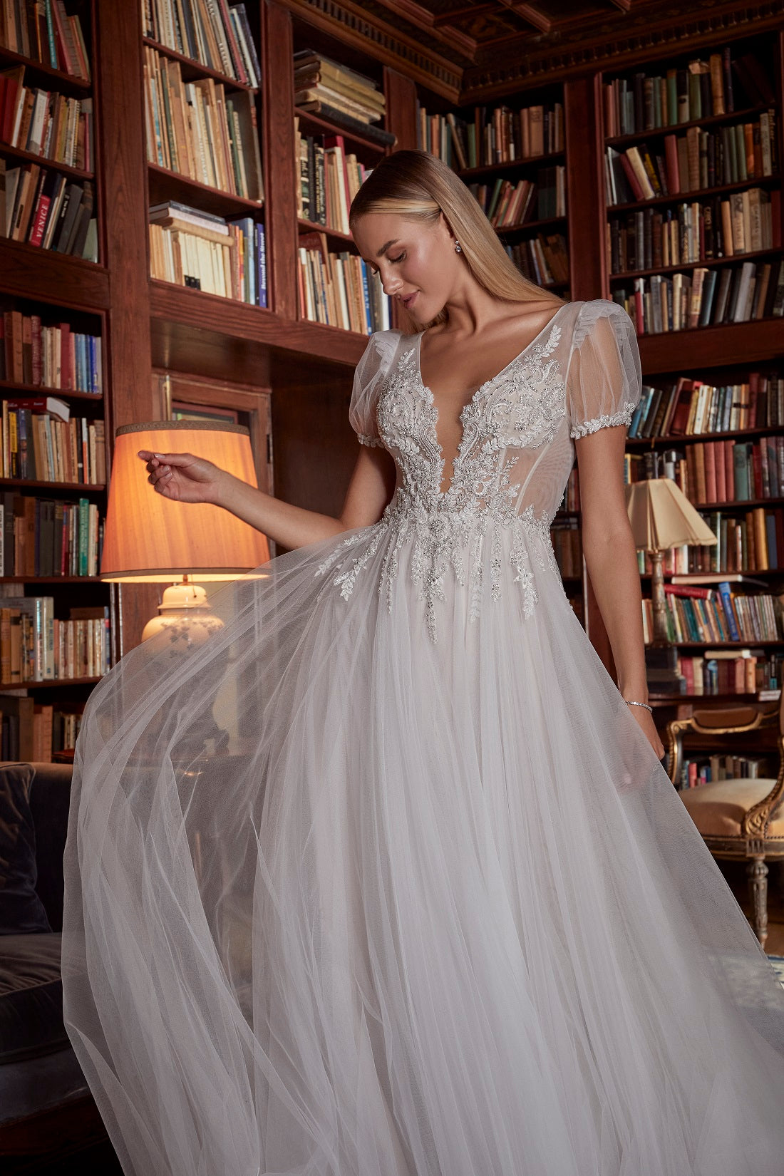 Casablanca Bridal 2555 Sabine Wedding Dress tulle A line skirt sheer short  puff sleeve