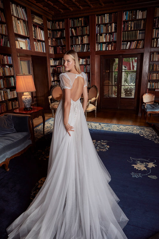 Davinci Bridal 50806 A Line Lace Cape Wedding Dress Sheer Crystal Plun –  Glass Slipper Formals