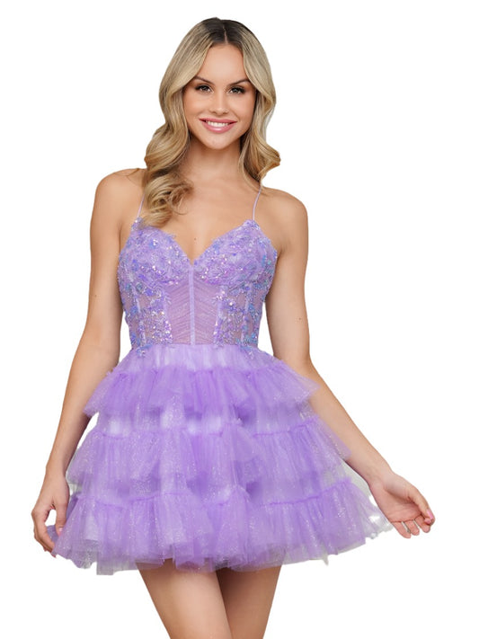 Elevate your formalwear with Colors 3346 Short dress. Featuring a 17" glitter mesh ruffle skirt and a sheer corset bodice adorned with sequin embroidery appliques. The lace up back adds a touch of elegance to this A-line fit &amp; flare gown. Perfect for any special occasion. Homecoming Shimmer tulle ruffle layered A line skirt. Pleated bodice.