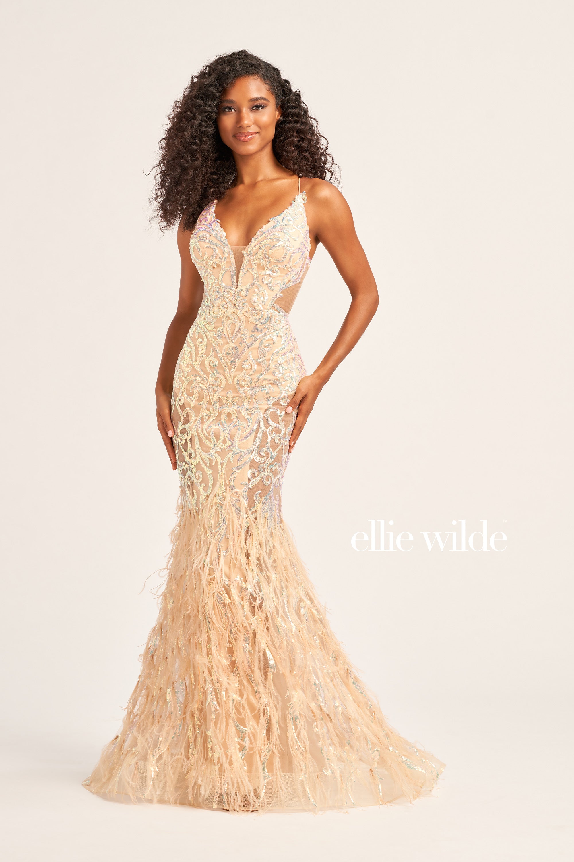 Ellie Wilde EW35006 Sheer Sequin Prom Dress Backless Gown Feather Skir Glass Slipper Formals