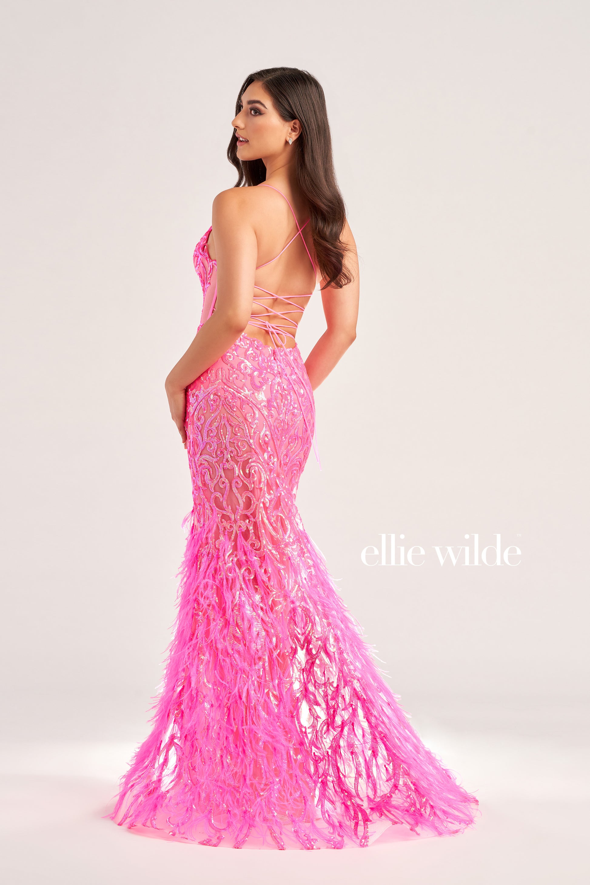 Ellie Wilde EW35006 Sheer Sequin Prom Dress Backless Gown Feather Skir –  Glass Slipper Formals