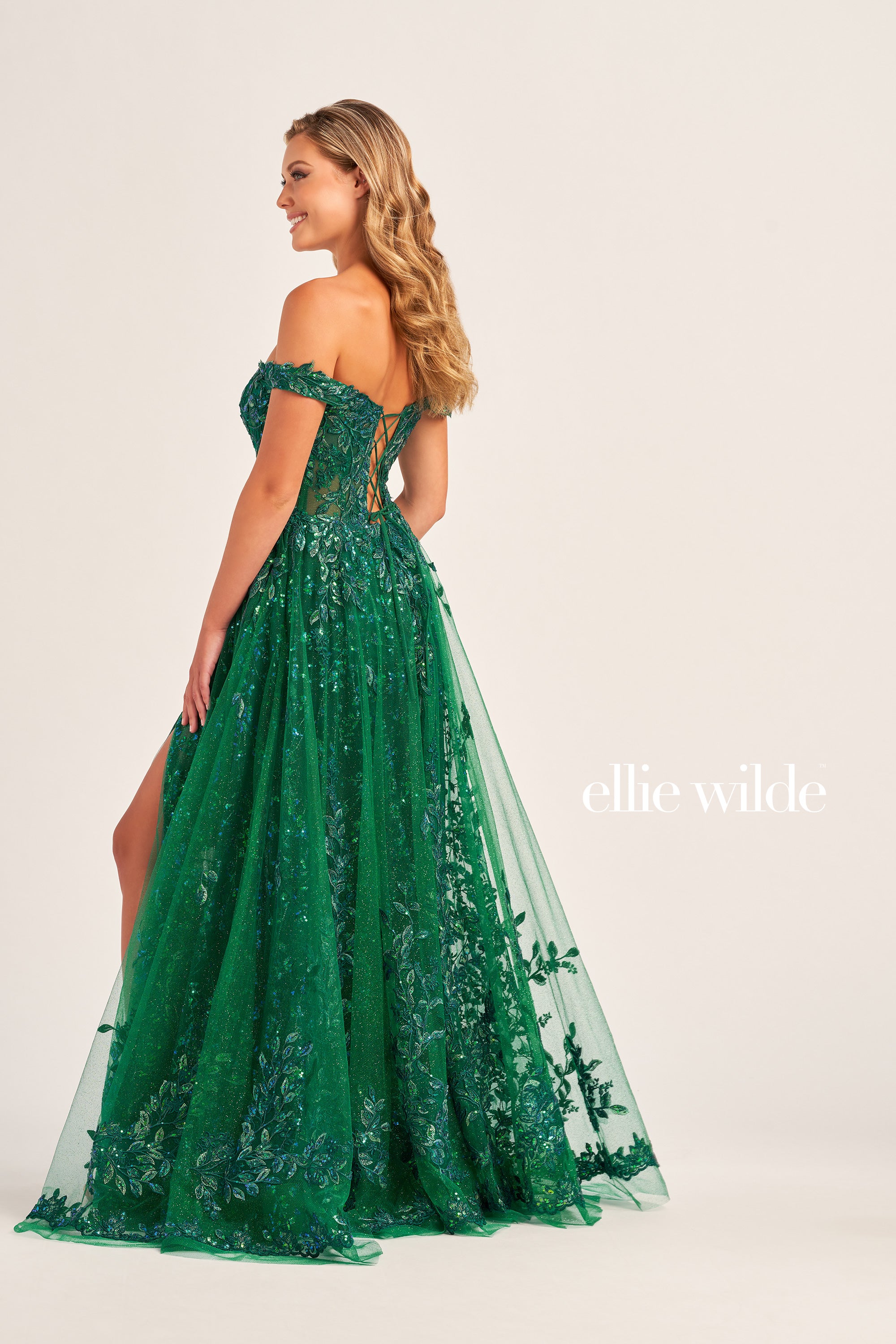 Ellie Wilde EW35116 Sequin Lace off the shoulder slit prom dress A Line  Formal Gown Sheer