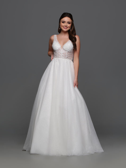 An easy-to-wear ball gown look, this wedding dress features a soft, sheer, glittering bodice and a classic fluffy tulle skirt. Indulge in luxury with the Davinci F121 A Line Shimmer Sheer Wedding Dress. Its V-neck and tulle material create an effortlessly elegant look, while the beaded bodice adds a touch of glamour. Feel like the star of your special day with this exclusive and sophisticated bridal gown.