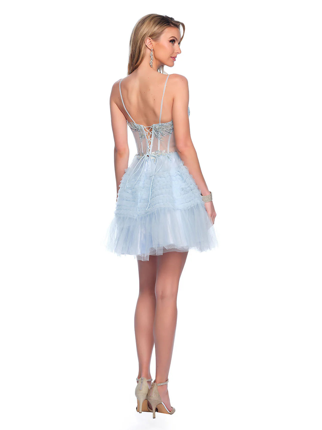 Dave & Johnny 11888 Sheer Corset Ruffle A Line Homecoming Dress Sequin Cocktail Gown Layered