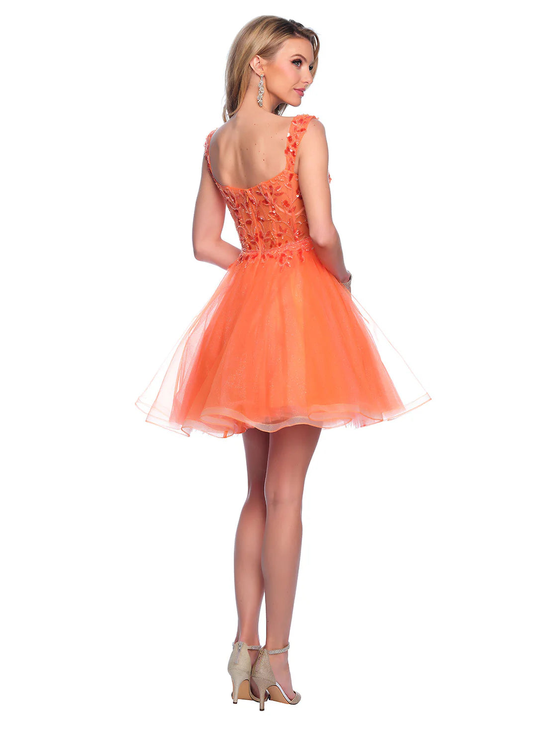 This Dave &amp; Johnny 12038 Beaded Shimmer Homecoming Dress is crafted with tulle in an elegant A-line silhouette and features off-the-shoulder detailing. The intricate beading adds a touch of shimmer, making it perfect for any special occasion. Expertly designed to flatter your figure, this dress is both stylish and comfortable.