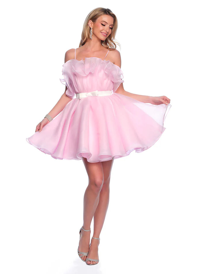 This Dave &amp; Johnny 11730 dress features a cupcake-style ruffle skirt, a flattering babydoll silhouette, and a playful ribbon accent. Perfect for homecoming or any other special occasion, this cocktail dress will make you stand out with its unique design. The ruffled skirt adds a fun and youthful touch, while the babydoll silhouette flatters your figure. The ribbon detail adds a touch of elegance, making this dress a versatile option for any event.