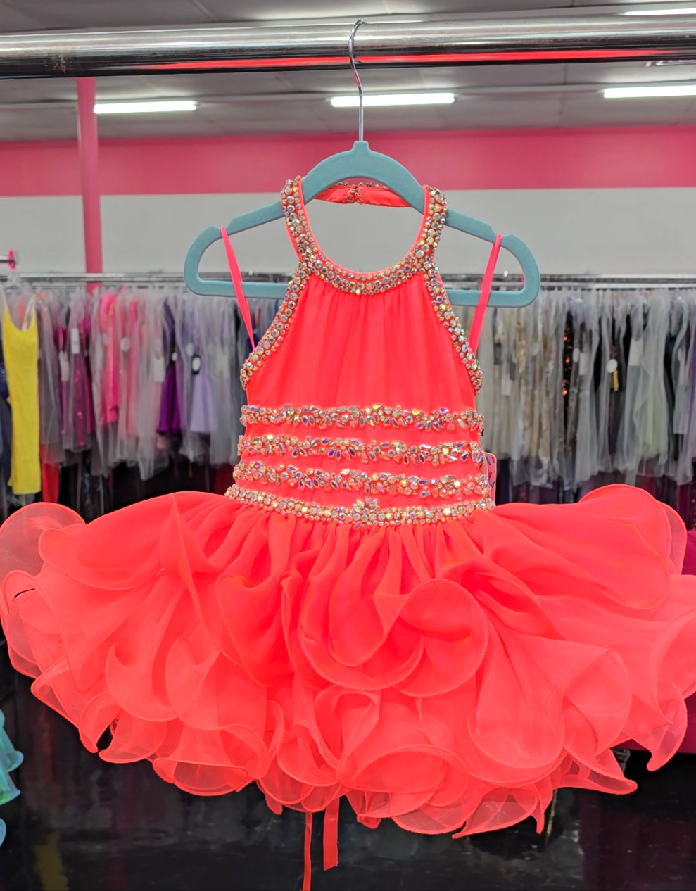 Sugar Kayne C216 Size 2T Hot Coral Short girls Cupcake Ruffle High Neckline Pageant Dress Bow Crystal Embellished