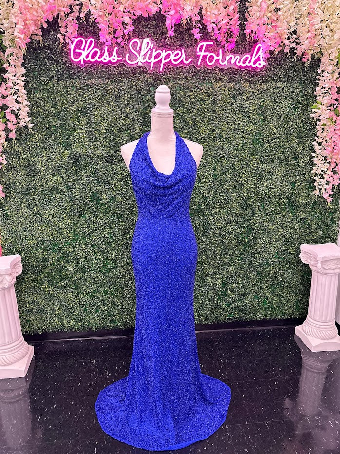 Johnathan Kayne 2728 is a size 4 cowl neck formal gown crafted with Custom Liquid Beading. The halter neck closure makes for a beautiful and stylish silhouette with a royal finish. Perfect for your next event!   ** One of a kind Custom  Size: 4  Color: Royal