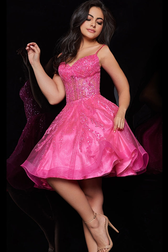 Jovani JVN25912 Pink Sheer Corset Bodice Sequins Embroidery Sweetheart  Neckline Fit and Flare Short Homecoming Dress