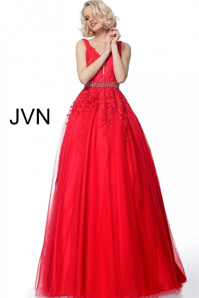 Jovani JVN68258 Size 0 14 Hot Pink Long A Line Lace Prom Ballgown Dress Formal Plunging Neckline