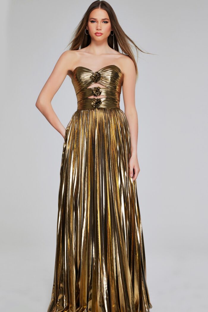 Jovani 42335 Pleated Metallic Strapless Dress Formal Cut Out Evening G Glass Slipper Formals
