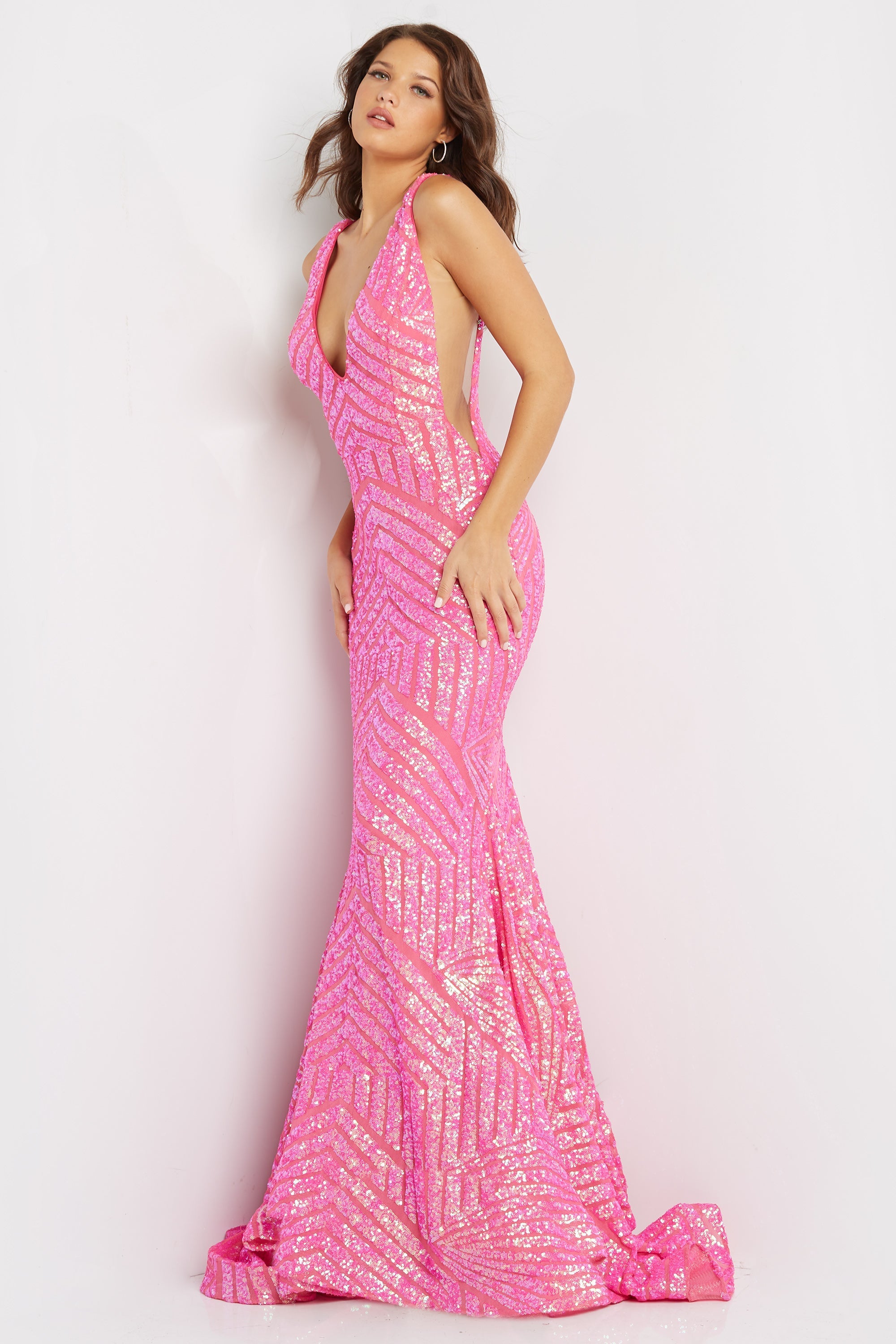 Dress the Population Plunge Neckline Sequin Mermaid Gown Fuchsia Wine online Pink S New