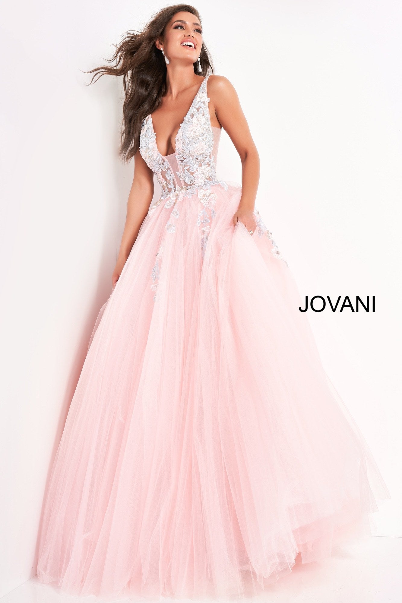 Jovani 11092 Long Sheer A Line Ballgown Formal Dress Floral Applique R ...