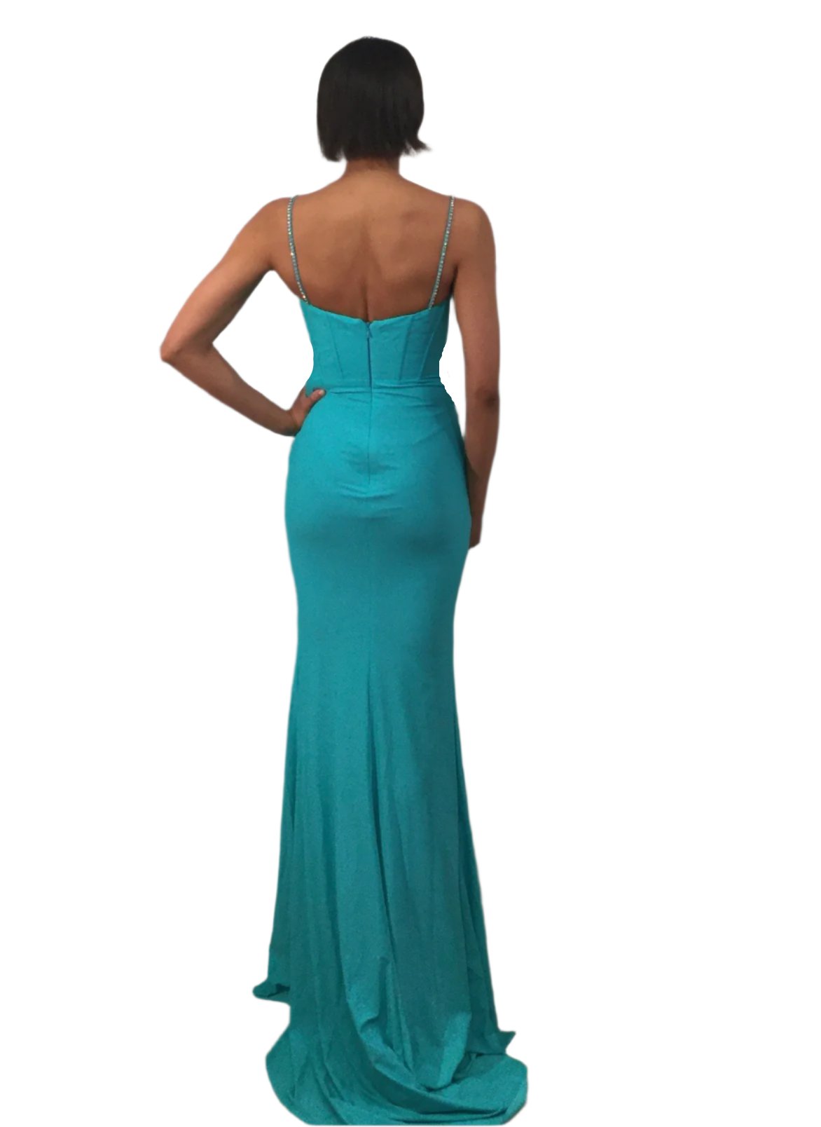 Get ready to make a statement in the Jovani D5020 Long Fitted Formal Dress. Its plunging neckline and high side slit add a touch of drama to this sleek jersey gown. Perfect for prom or a pageant, this dress is designed to make you stand out with its fitted silhouette. Crystal accented plunging neckline.