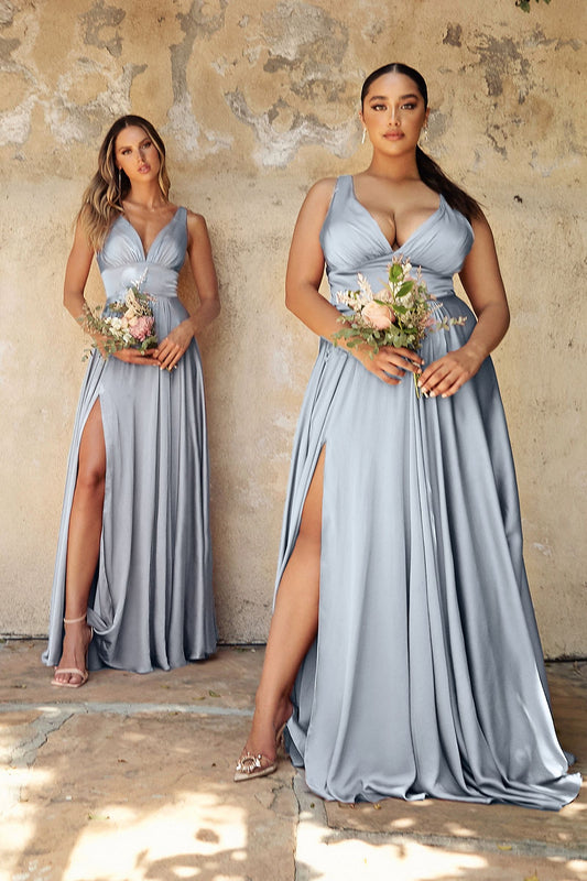 Ladivine 7469 Bridesmaids Dress is an A-line dress features a deep V-neckline and an empire waistline, beautifully crafted from soft satin. The fitted bodice transitions into a gracefully gathered skirt, creating a flattering silhouette. This best seller is ideal for bridesmaids, wedding guests, or formal events, and is both elegant and timeless.