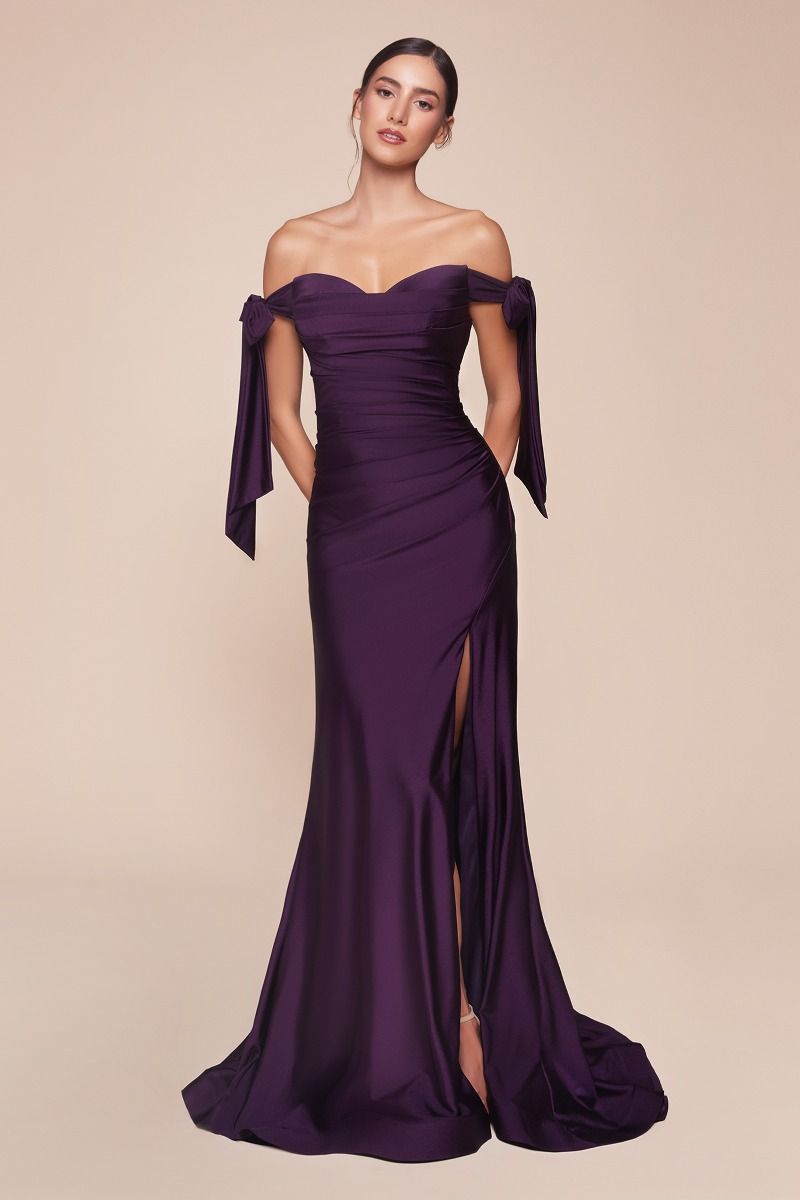 Ladivine CD943C Evening Bridesmaids Dress Curvy Sizes Off the Shoulder Tie Straps Fitted Ruched Slit