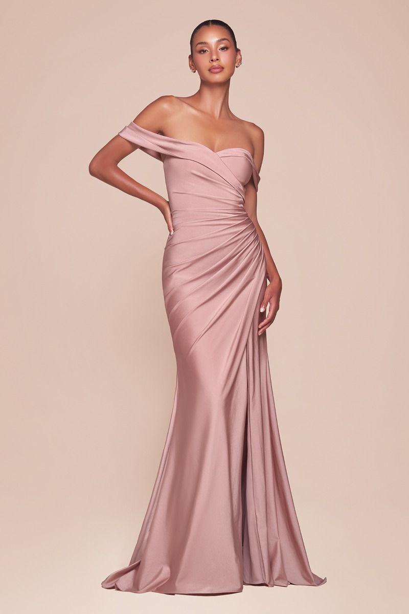 Ladivine CD790 Bridesmaids Dress &nbsp;This fitted dress features a sweetheart off-the-shoulder neckline, a flattering pleated waistline, and a chic leg slit. Crafted from stretch spandex satin, it hugs your curves while offering comfortable movement. Ideal for bridesmaids, wedding guests, or formal events, this dress effortlessly blends elegance with a modern fit.