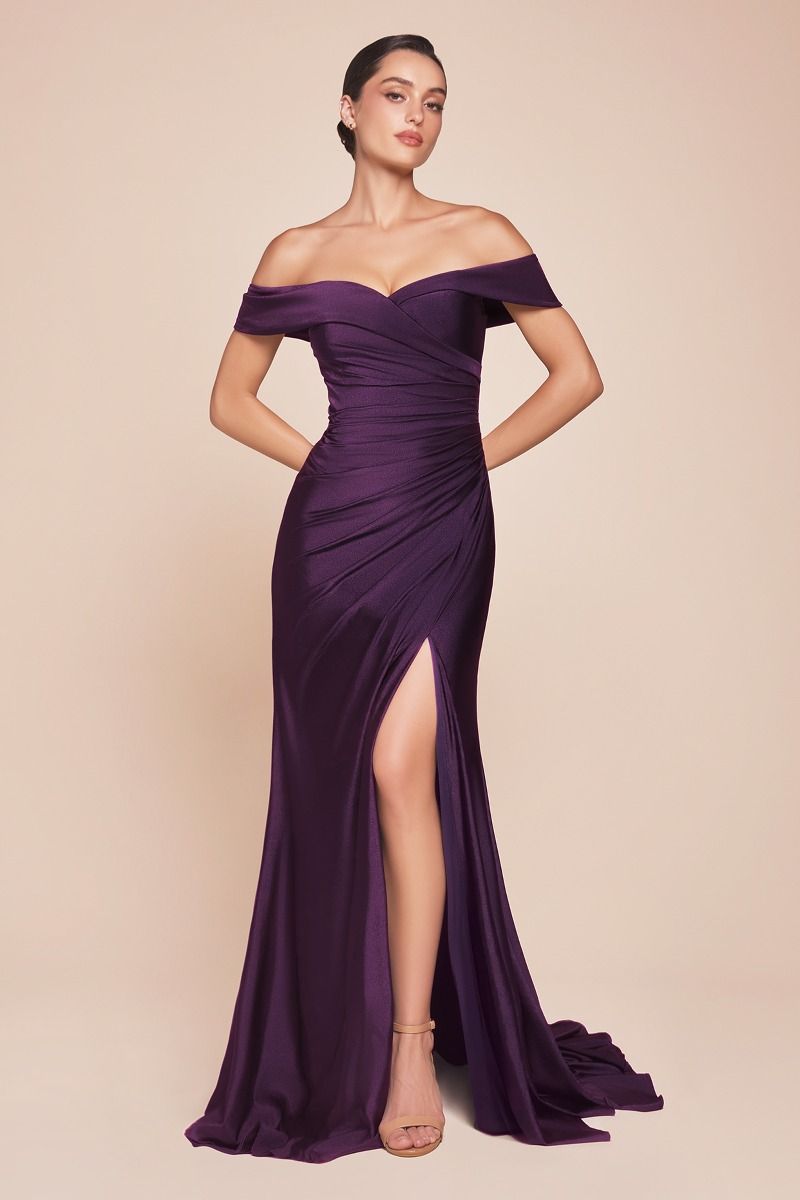 Ladivine CD790 Bridesmaids Dress &nbsp;This fitted dress features a sweetheart off-the-shoulder neckline, a flattering pleated waistline, and a chic leg slit. Crafted from stretch spandex satin, it hugs your curves while offering comfortable movement. Ideal for bridesmaids, wedding guests, or formal events, this dress effortlessly blends elegance with a modern fit.