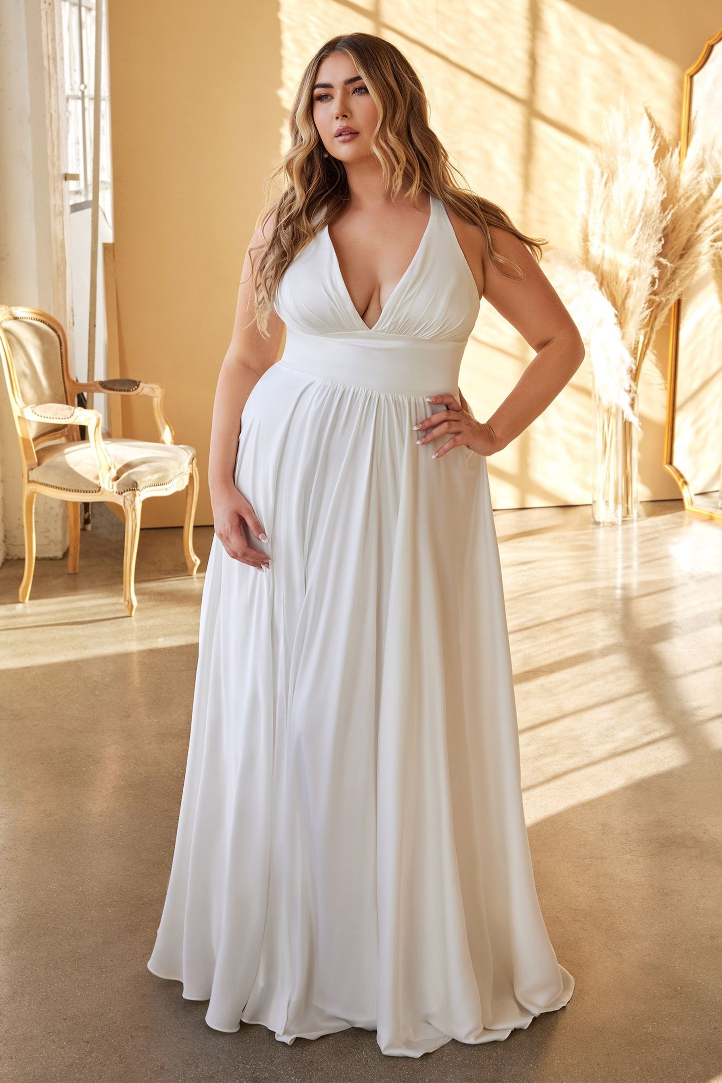 Ladivine 7469W and 7469WW White Wedding Dress Long Simple Slit Satin V Neck A Line Evening Gown