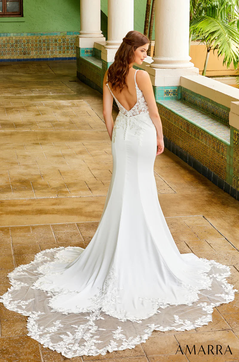 Amarra Bridal 84390 Liliana A-Line Sheer Floral Bodice V-Neck Spaghetti  Straps Open Back Train Wedding Gown