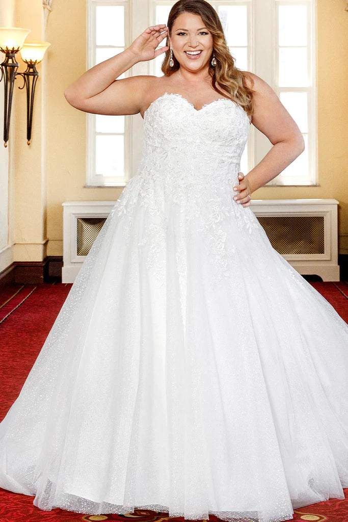 Long Sleeves Wedding Dresses Plus Size V Neck Tulle With Lace Appliques  Beaded