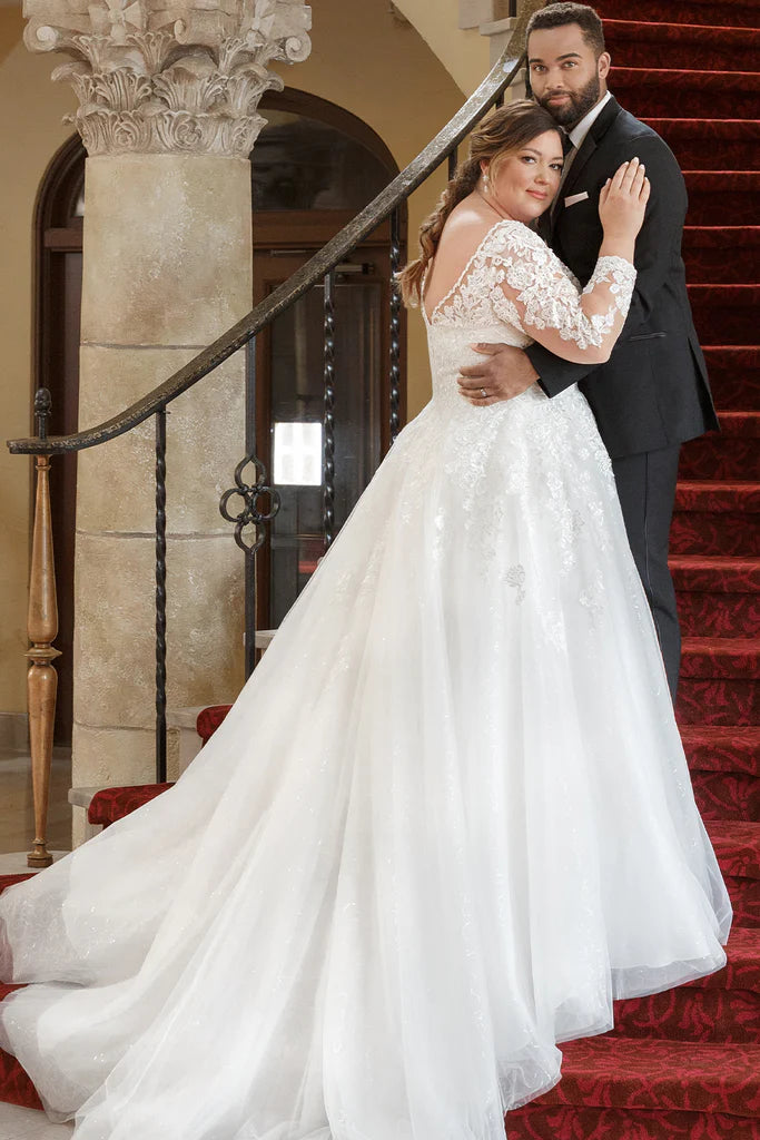 Long Sleeve Lace Plus Size Blush Wedding Dress With Detachable