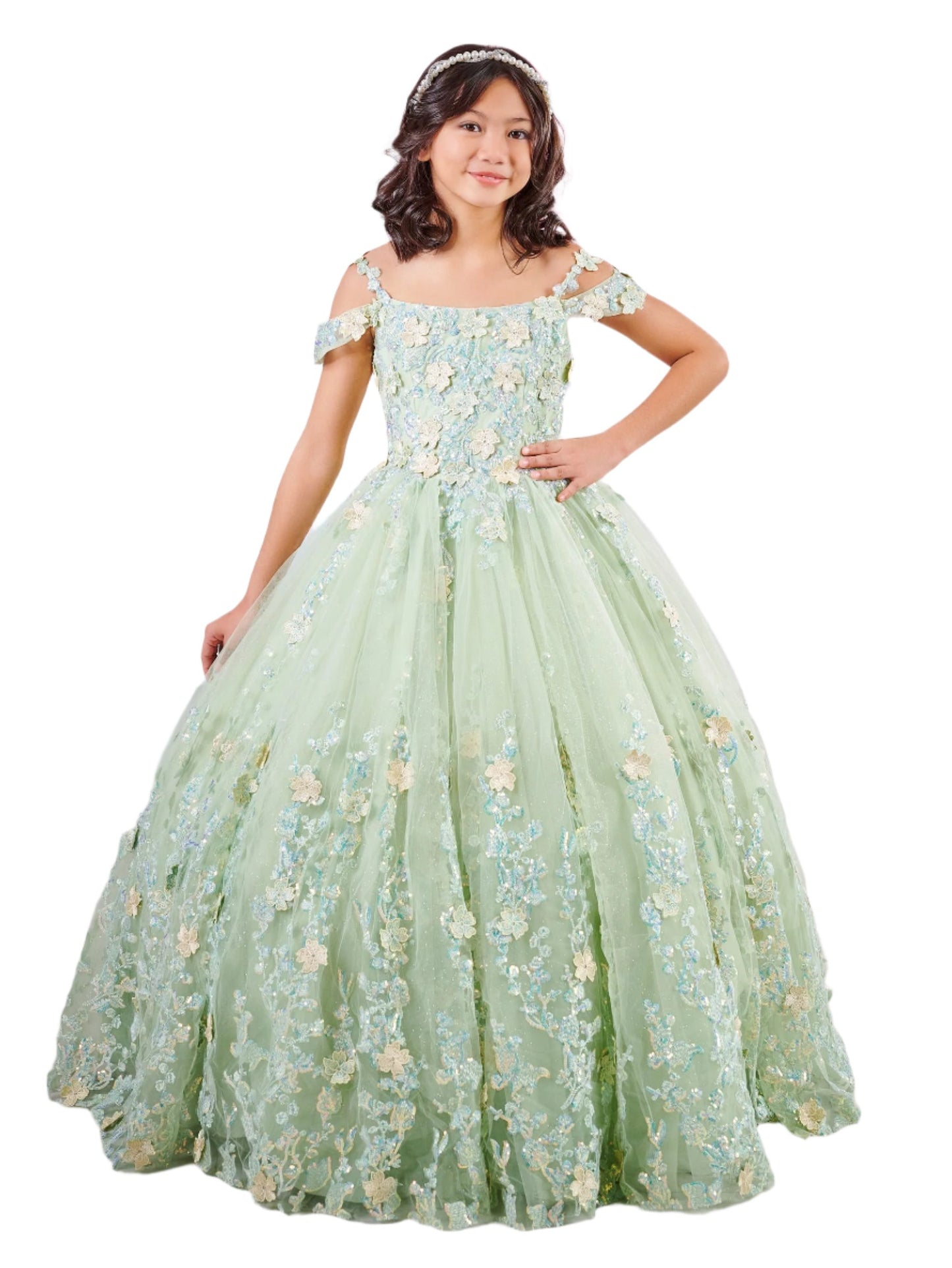 This Tiffany 80002MQ Girls Pageant Dress is made with 3D lace and shimmer fabric, featuring an elegant off-the-shoulder design and a mini quince gown style. Perfect for pageants, this dress will make your little girl feel like a princess.