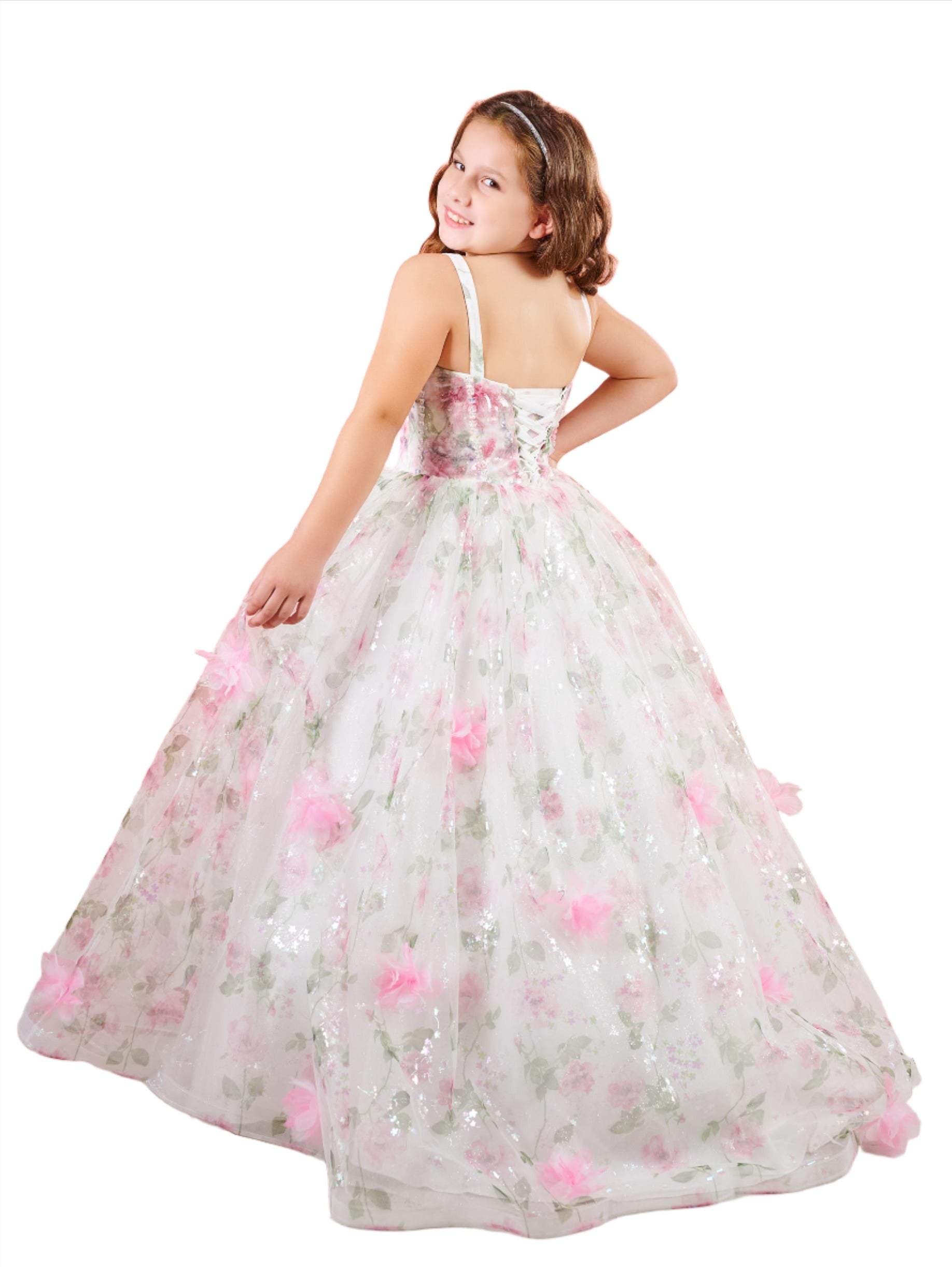 Expertly crafted by House of Wu, the 80007MQ Girls Mini Quince Dress boasts a stunning 3D floral design, complemented by a metallic corset and intricate beaded sequins. Perfect for any special occasion, this dress combines style and sophistication to make your little girl shine. Corset Back  Sizes: 2-12  Colors: Pink Rose, Blue Rose