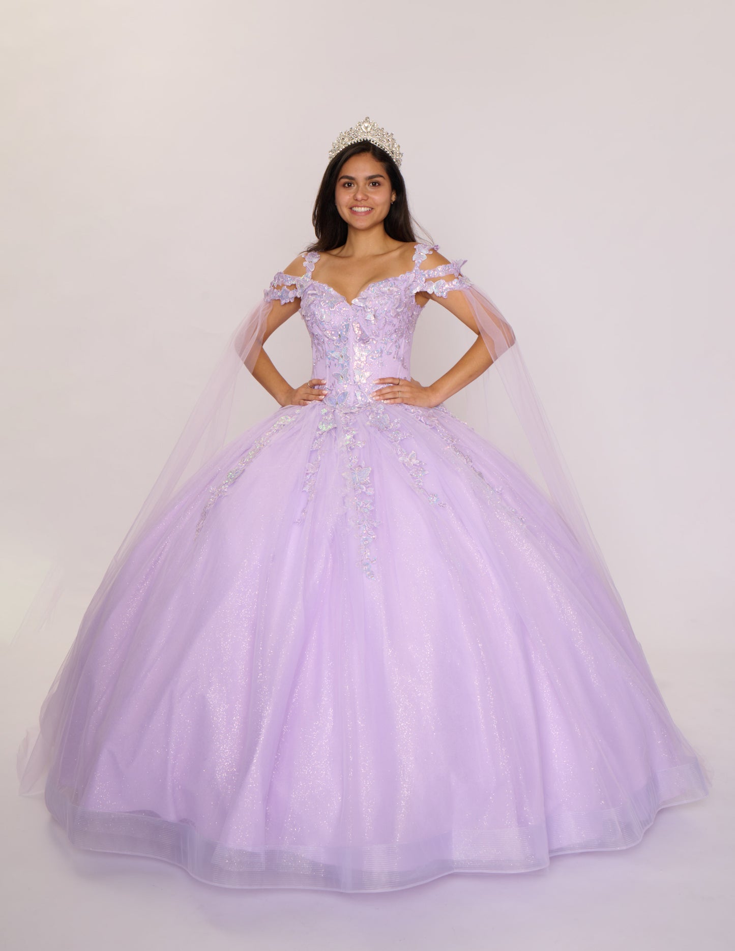 Nina Canacci Q122 Quinceanera Dress Bows and Butterflies Off the Shoulder Flowy Cape Arms Oversize Bow