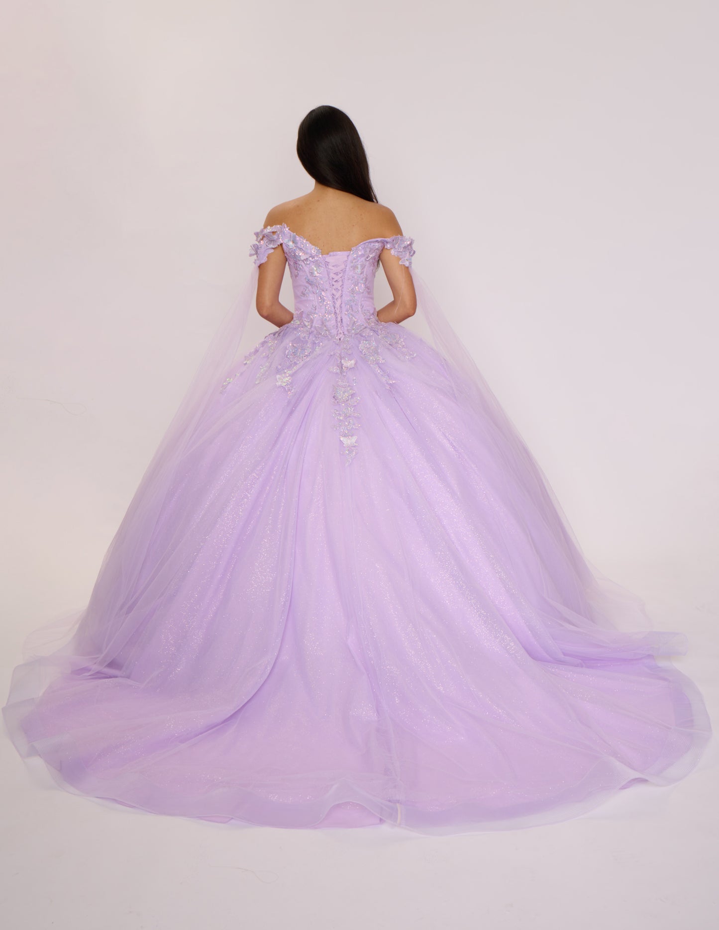 Nina Canacci Q122 Quinceanera Dress Bows and Butterflies Off the Shoulder Flowy Cape Arms Oversize Bow