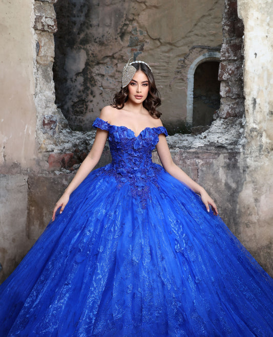 Nina Canacci Q129 Royal Blue Quinceanera Dress Off the Shoulder 3D Flowers Glitter Tulle