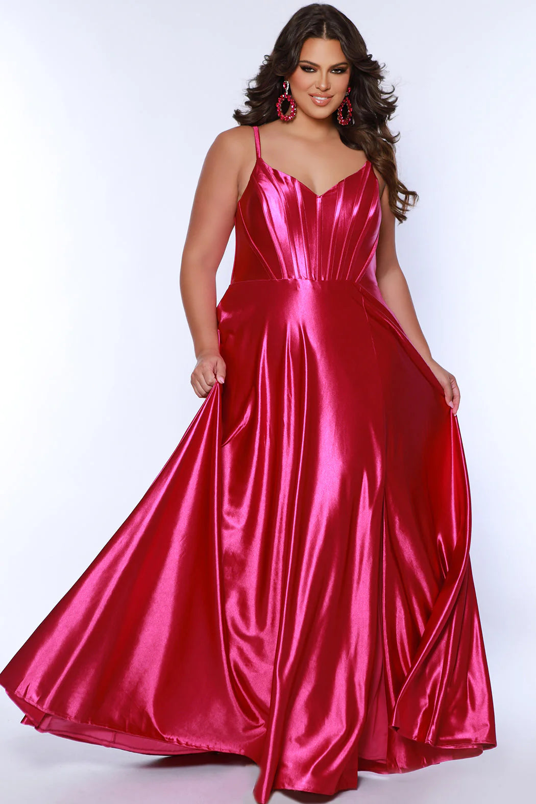 Sydneys Closet SC7380 Long Prom Dress Plus Size Corset V Neck Satin A-Line  Formal Gown Pageant