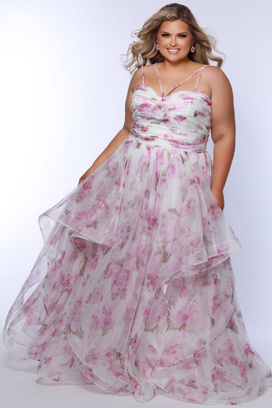 Sydneys Closet SC7418 Pink Print Plus Sized Formal Long Dress Layered Spaghetti Straps