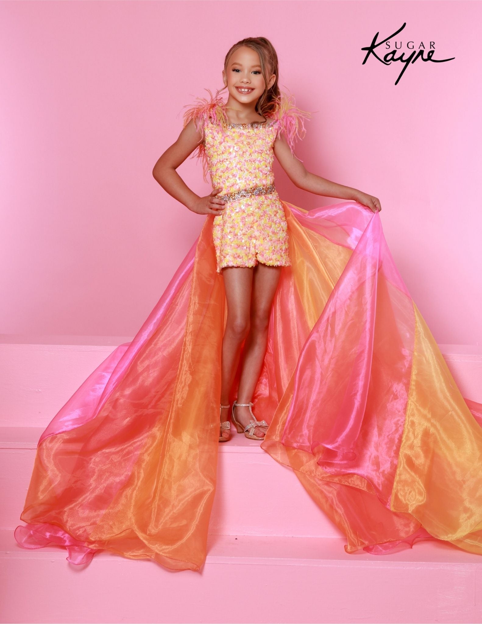 Sugar Kayne C349 Girls Sequin Romper Feather Sleeves Overskirt Pageant  Feathers Fun Fashion Shimmer