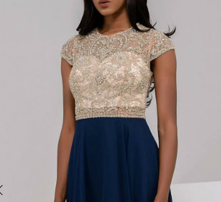 Jovani JVN47897 Size 16 Navy A Line Beaded Formal Dress evening Gown beaded