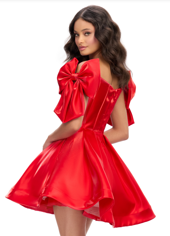 Ashley Lauren 4788 Size 6, 10 Red Corset Bodice Cocktail Dress Off the Shoulder Bow Straps A line Short Skirt