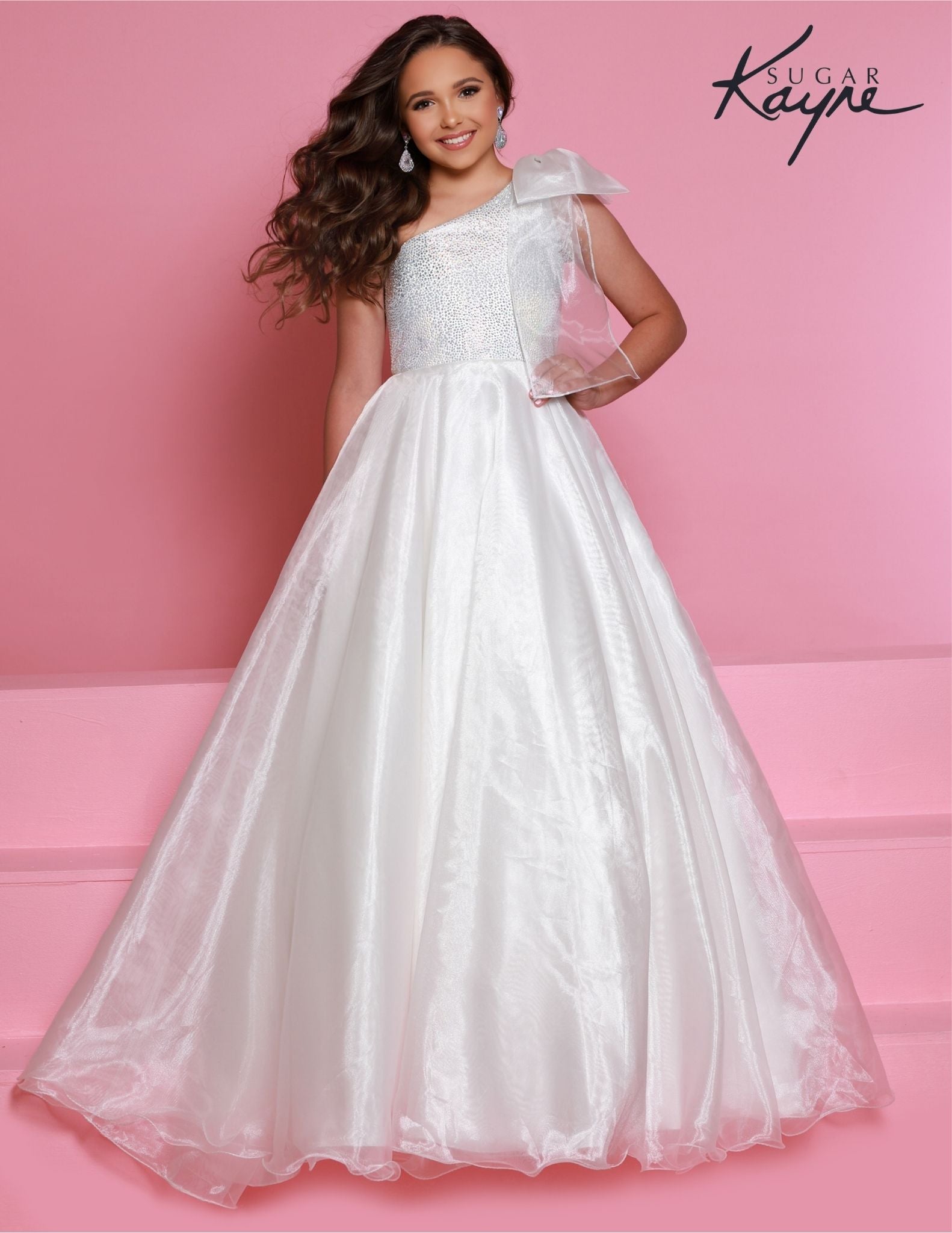 Sugar Kayne C310 Girls Preteens Pageant Dress Preteens Gown One Shoulder Bow 8 White Glass Slipper Formals