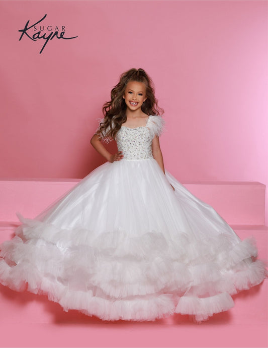 Sugar Kayne C327 features a fashionable white pageant dress for girls and preteens, complete with feather straps, a tiered ruffle bottom, and a crystal stone bodice.