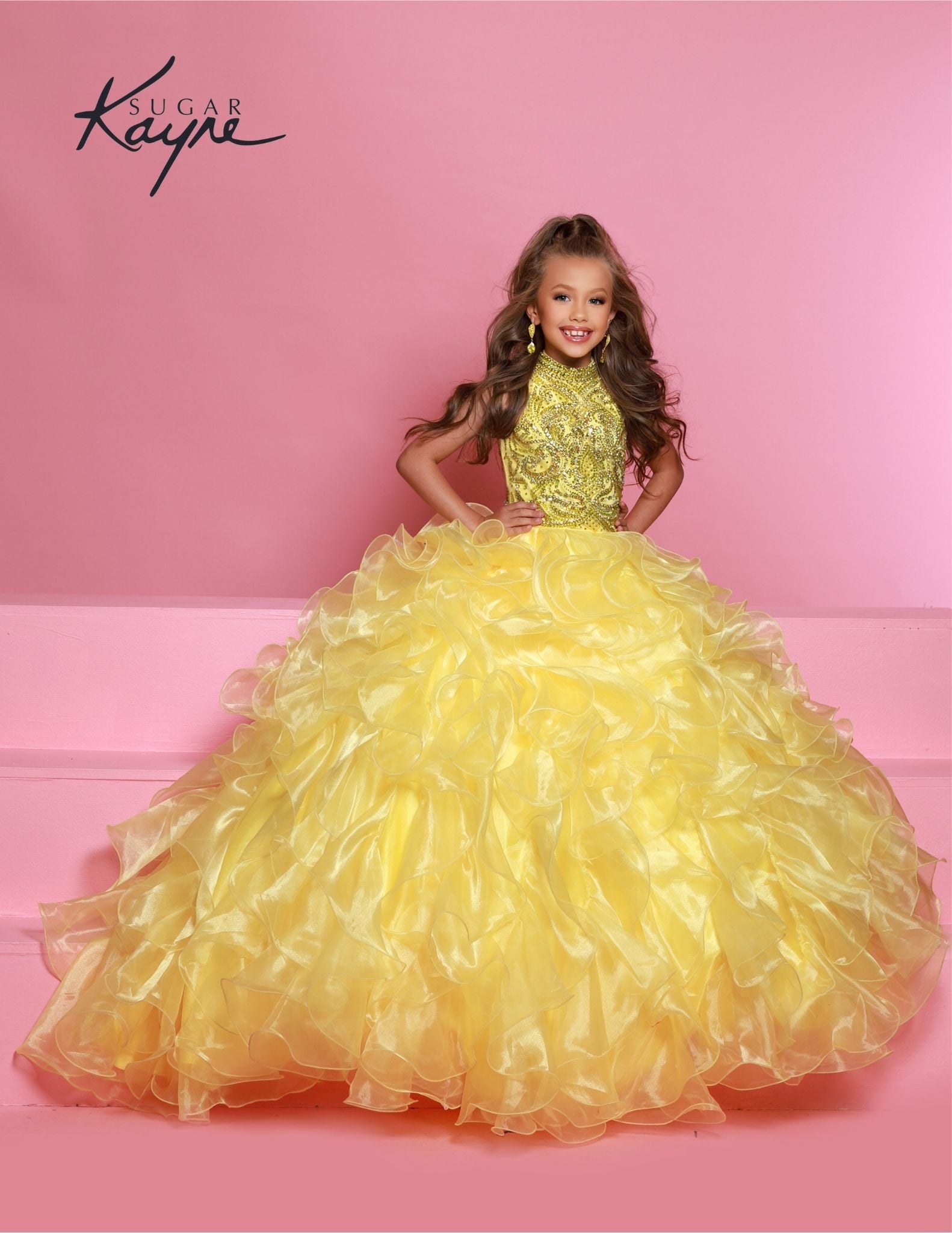 Sugar Kayne C305 Size 8, 12 Barbie Pink Ruffled Layers Girls Preteens  Pageant Dress Ball Gown Cape Halter Formal Dress