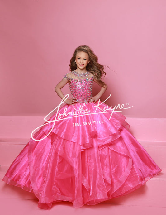 Sugar Kayne C354 Girls Pageant Ballgown Embellished Bodice High Crystal Neckline Layered Organza Long Skirt with Horsehair Trim