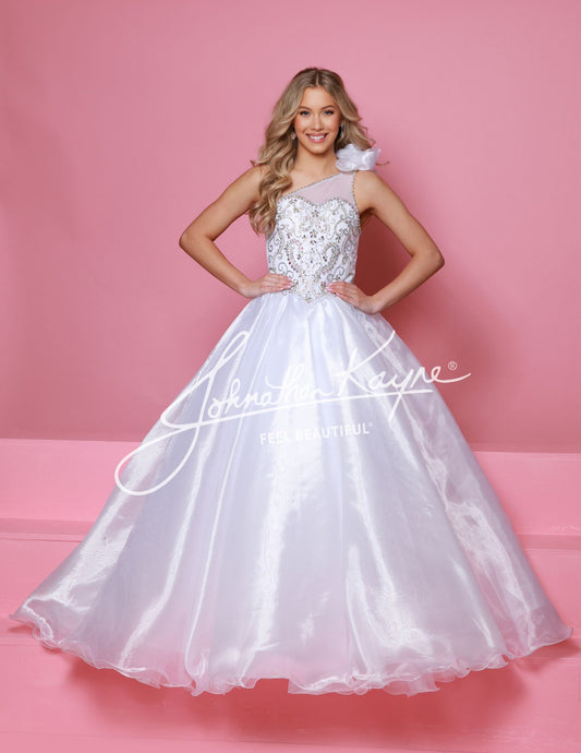 Experience the elegance and sophistication of the Sugar Kayne C355 One Shoulder Ruffle Embellished bodice Organza Ballgown. Adorned with a delicate ruffle and dazzling embellishments, this one-shoulder ballgown is made from luxurious organza that will make you feel like royalty. Perfect for any special occasion, this dress is guaranteed to turn heads. Enhance your little girl's elegance and charm with the Sugar Kayne C355 Pageant Dress.