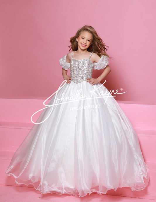 Sugar Kayne C359 Girls Pageant Ballgown Dress Puff Sleeves Sweetheart Neckline Embellished Bodice Spaghetti Straps Glitter Tulle and Organza Long Skirt white front