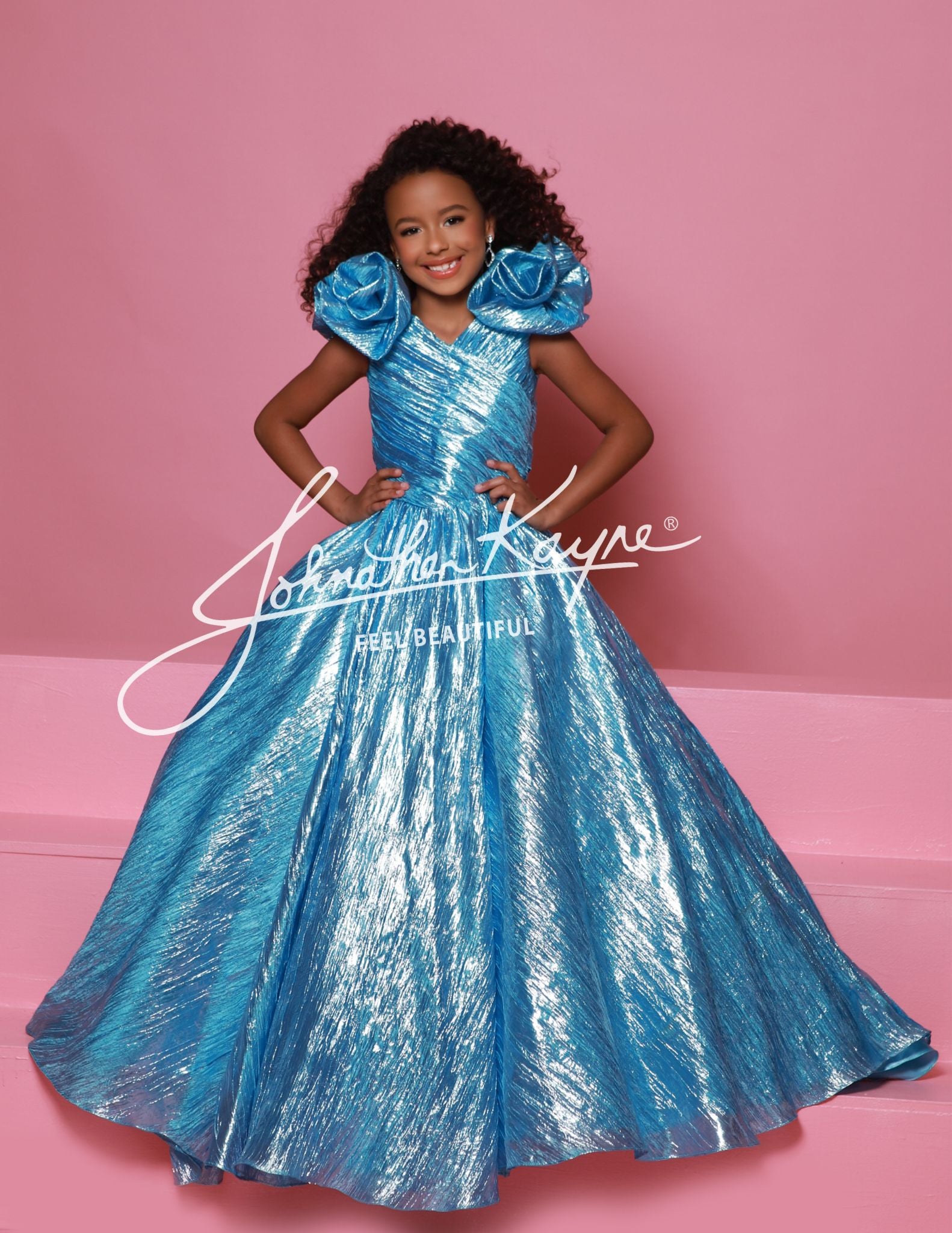 Sugar Kayne C361 Metallic Girls Pageant Dress Ruffle Shoulders Ballgown Skirt