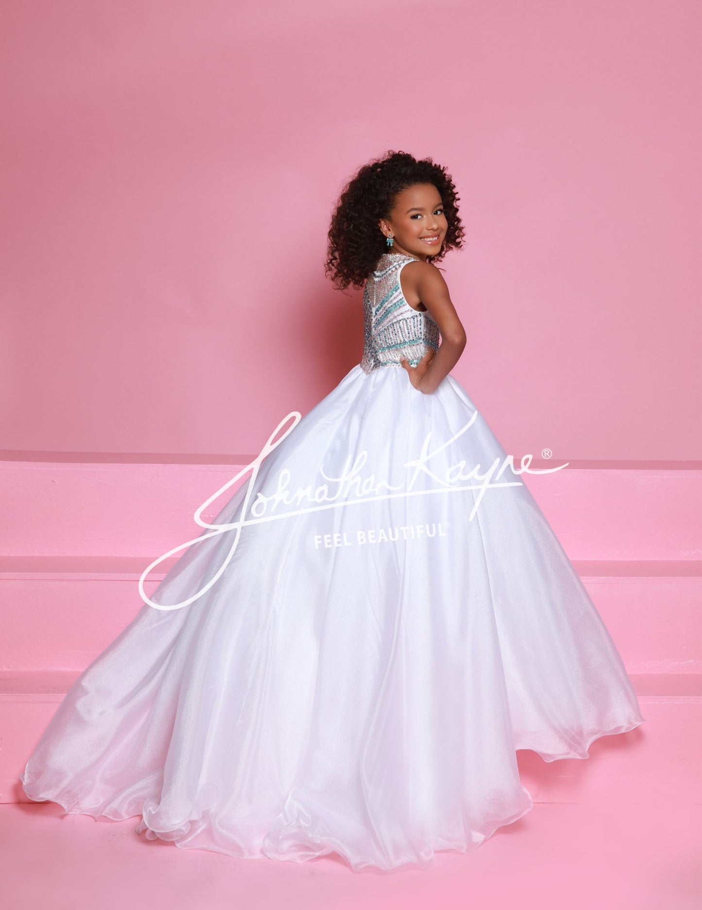 Sugar Kayne C362 Embellished Bodice Girls Pageant Dress High Neckline Organza Long Skirt Princess Waistline