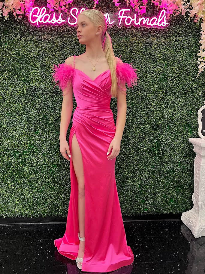 Ashley Lauren 11480 Size 10 Hot Pink Lace Feather A Line Slit Prom