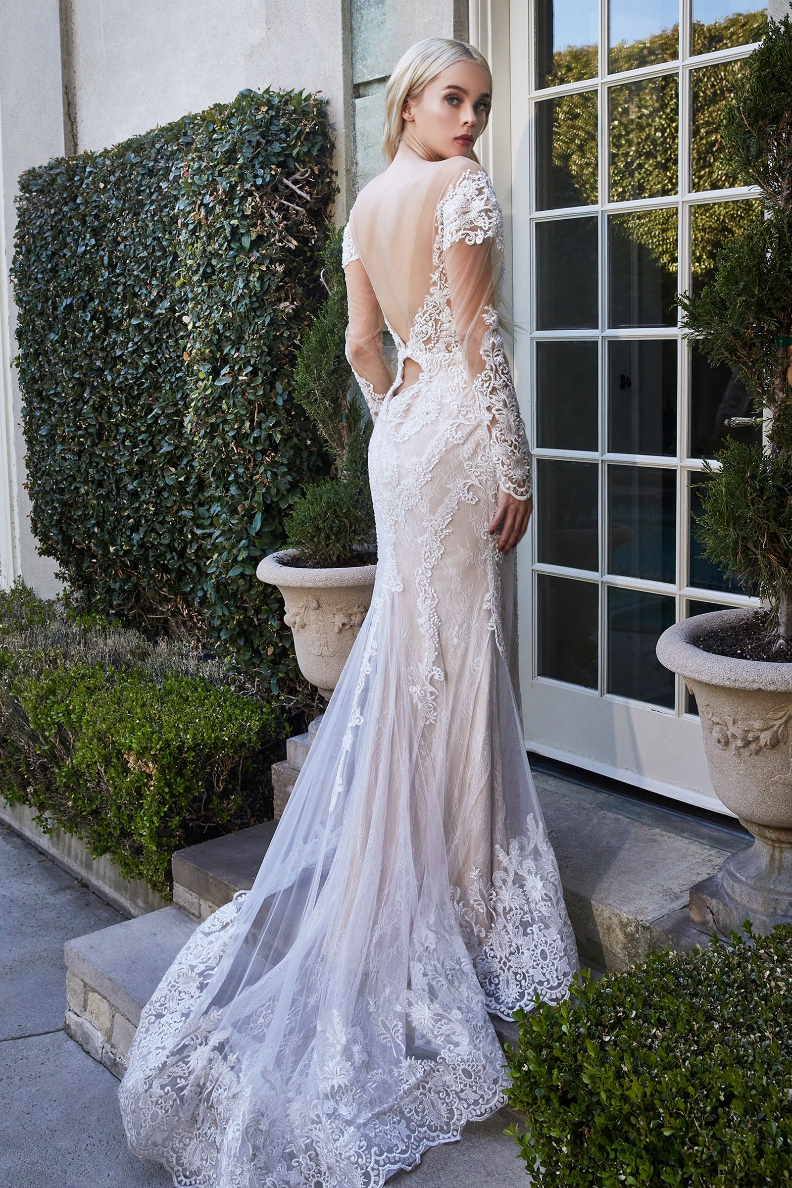 Sexy Slit Sheer Lace Long Sleeve Wedding Dress