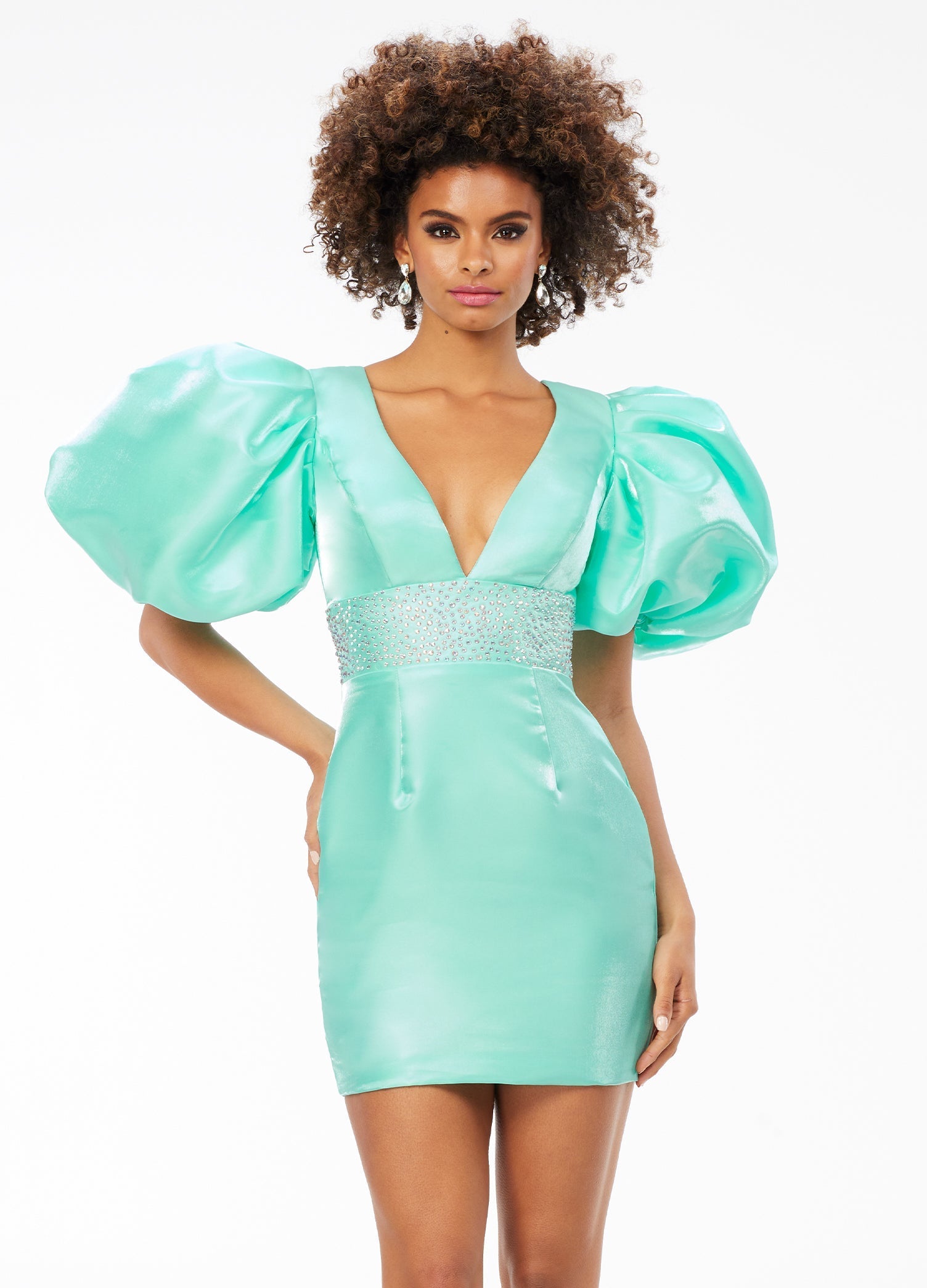 Ashley Lauren 4549 Satin Cocktail Dress Short Puff Sleeve Fitted Backless  Corset Dress Homecoming