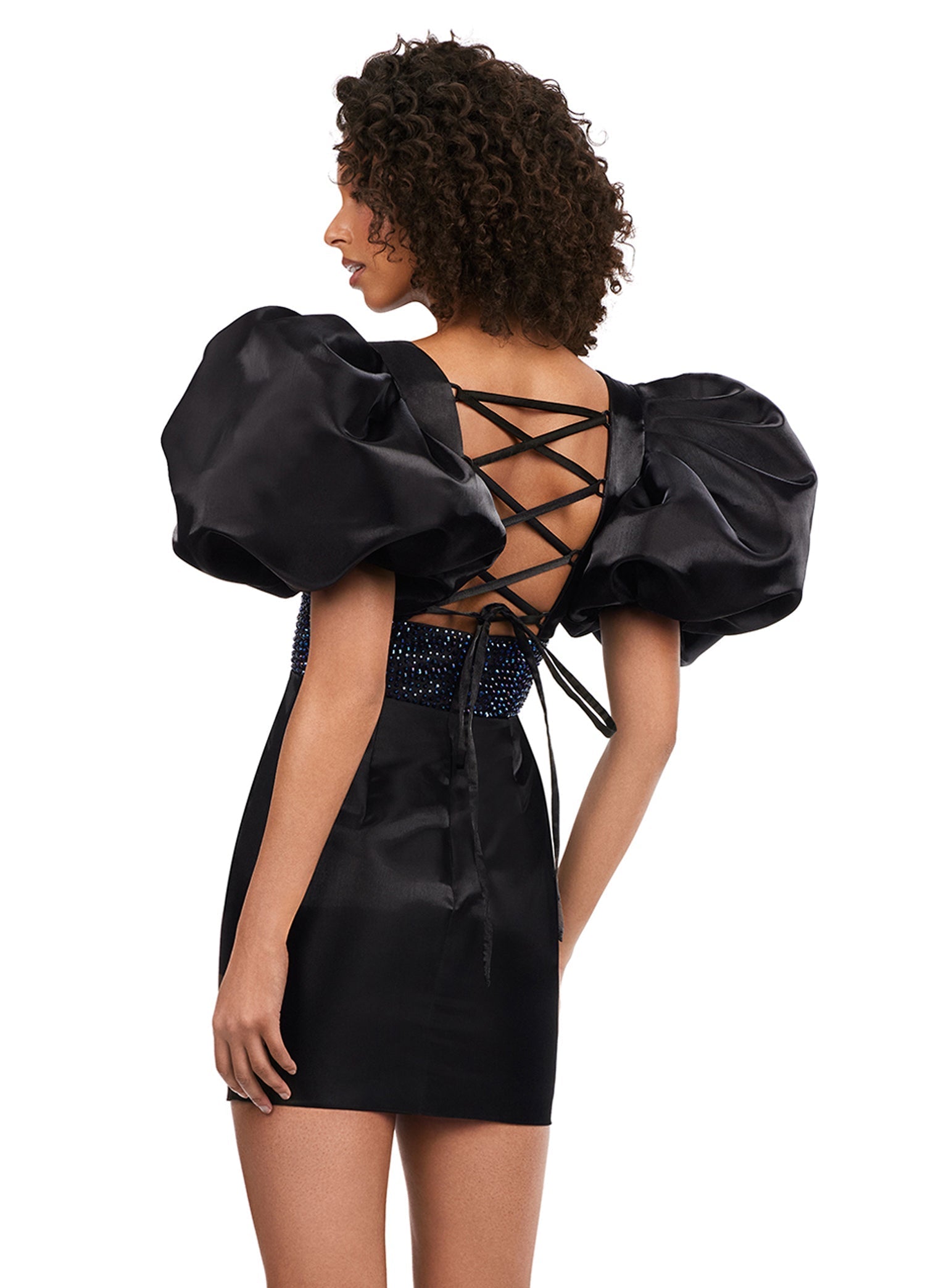 Ashley Lauren 4549 Satin Cocktail Dress Short Puff Sleeve Fitted Backless  Corset Dress Homecoming